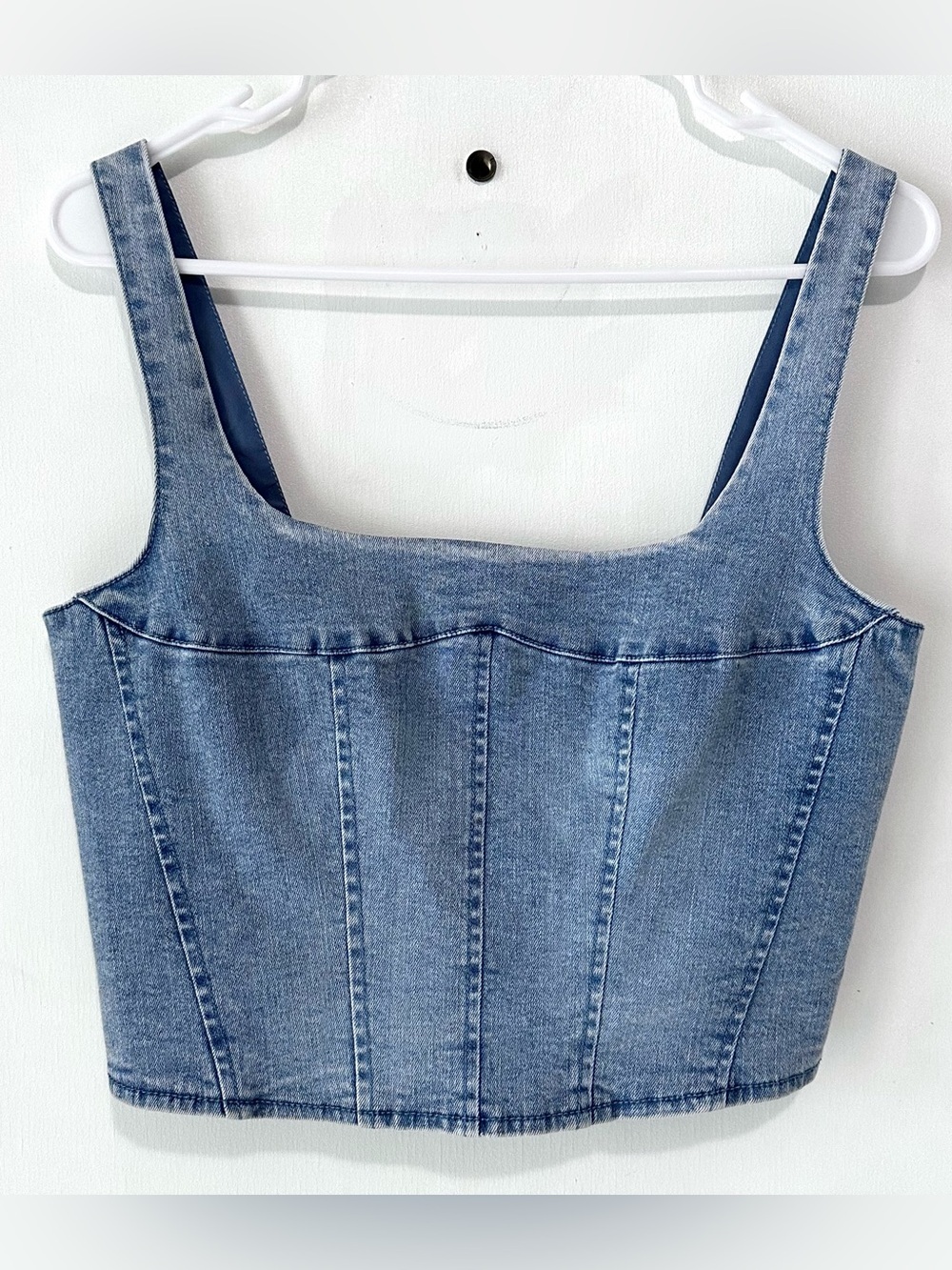 Belle Vere Top Blue Denim Cotton Cropped Sleeveless Zip Up Tank Shirt NWT Small
